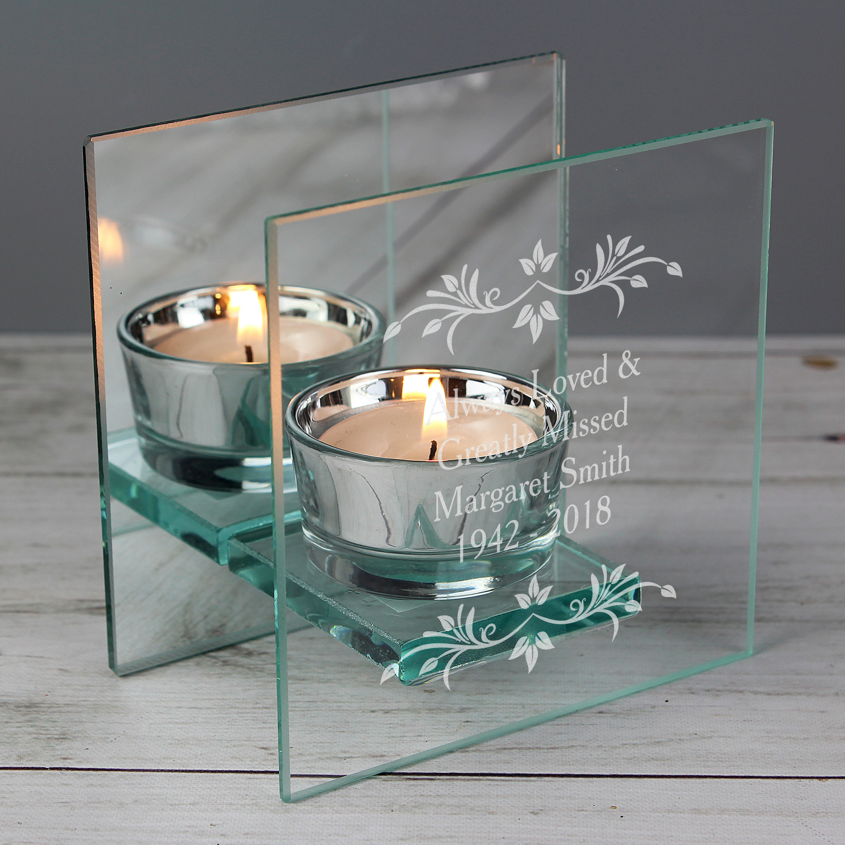 Personalised Family Christmas Gift Tea Light Holder Candle Fireplace Mirrored 