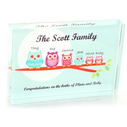 Owl Family Personalised Glass Block