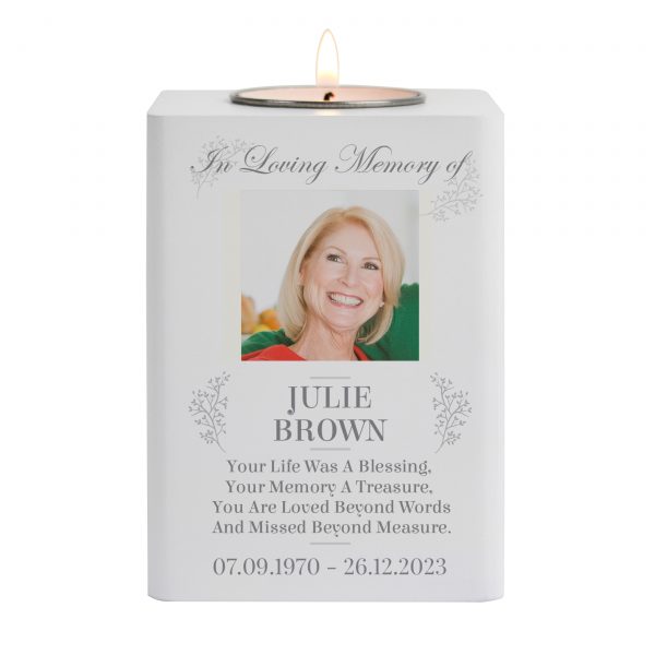 Personalised Memorial Photo Upload White Wooden Tea light Holder - Image 5